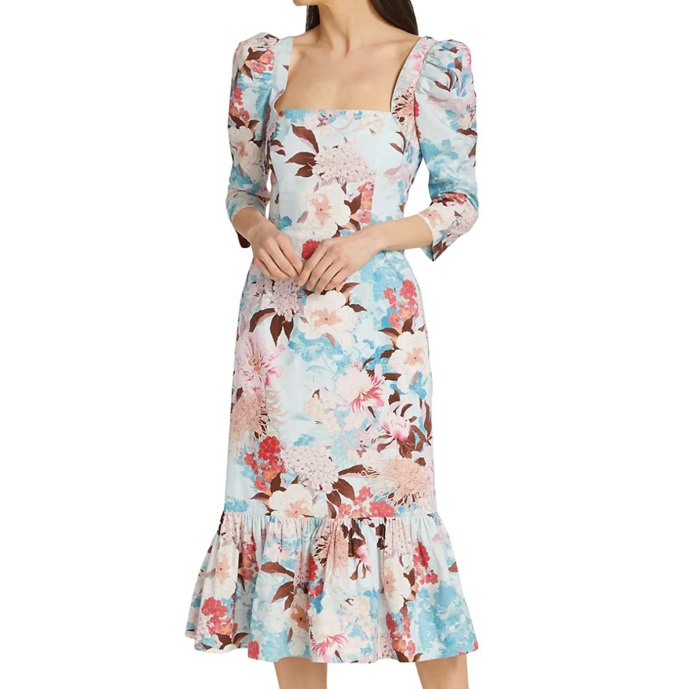 NWT Cara Cara Busy Puff-Sleeve Midi-Dress Japanese Floral blue - Picture 5 of 11